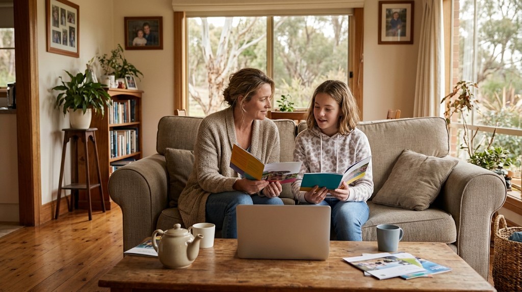 A mother and her teenage daughter on a sofa in a Victorian country home reading school prospectus booklets together