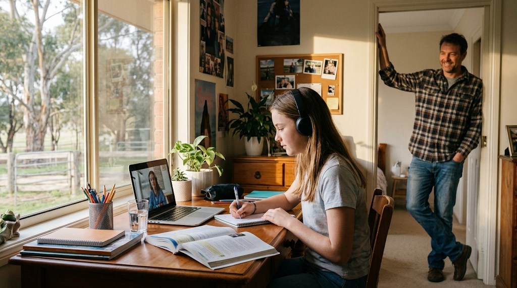 A teenage girl with headphones taking notes in a live online class while her father smiles from the doorway