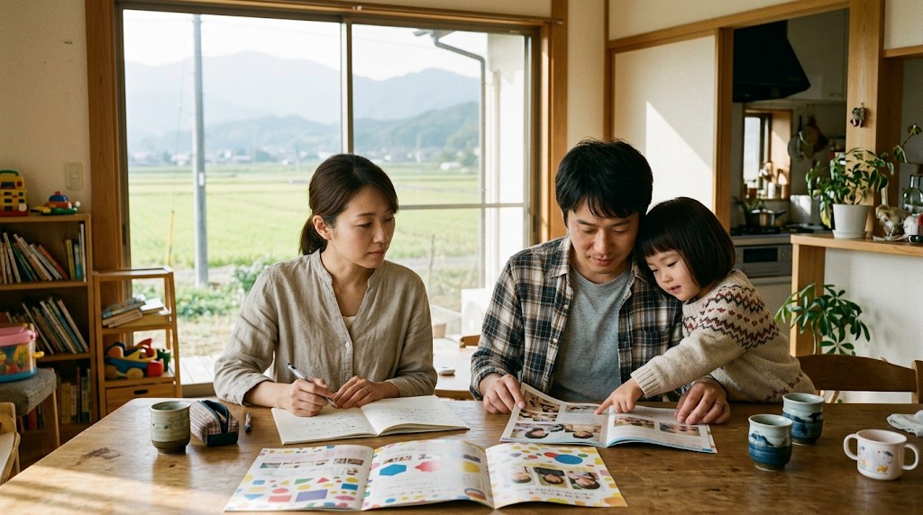 田園が見える明るいダイニングで、学校案内の冊子とノートを広げて話し合う両親と年長の娘