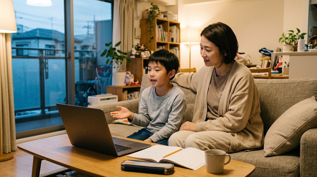 夕方の明るいリビングのソファで、ノートパソコンのオンライン英語授業を一緒に見る母親と小学生の息子