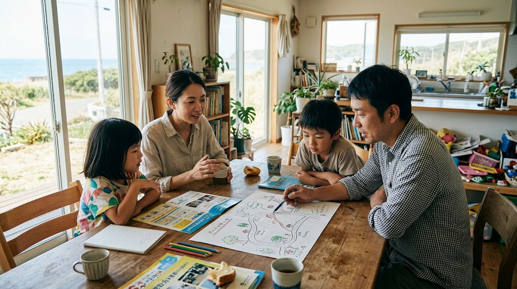 明るいダイニングテーブルで学校案内の冊子とバスの路線図を広げ、通学方法を話し合う両親と小学生の兄妹