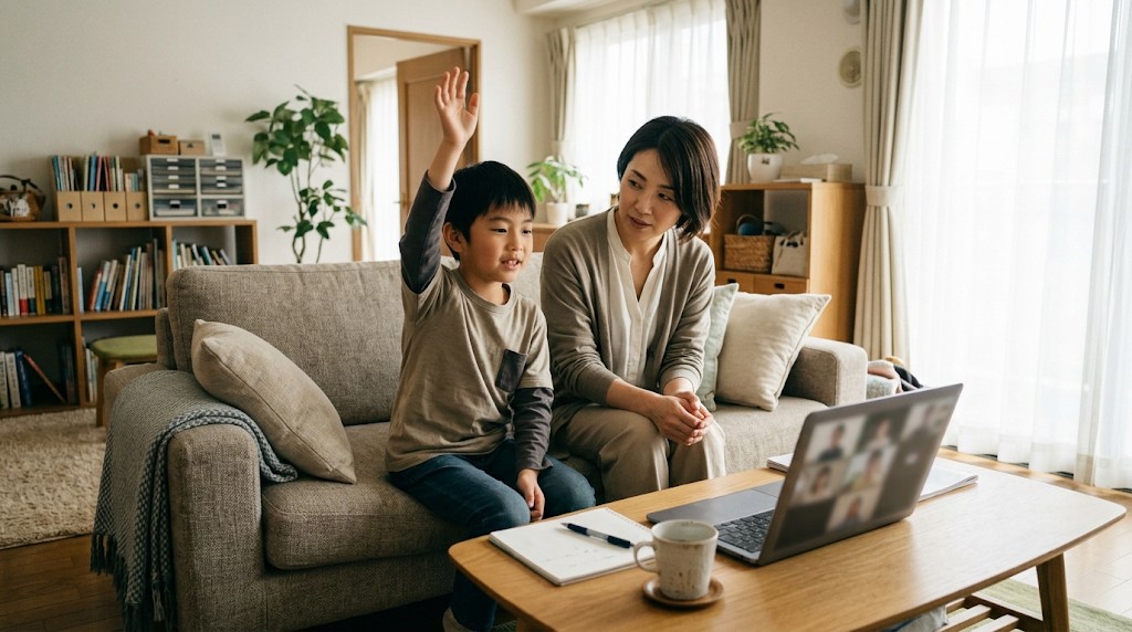 午後のリビングのソファで、母親と並んでノートパソコンの英語のオンライン授業を見る小学生の息子