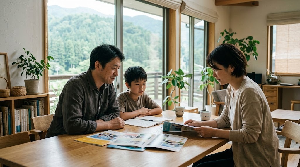 山並みが見えるダイニングテーブルで、全寮制の学校案内とノートを広げて話し合う両親と小学校高学年の息子