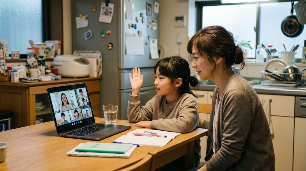 夕方のキッチンのテーブルで、母親と小学生の娘が並んでノートパソコンのオンライン英語授業を見て、娘が手を挙げている様子