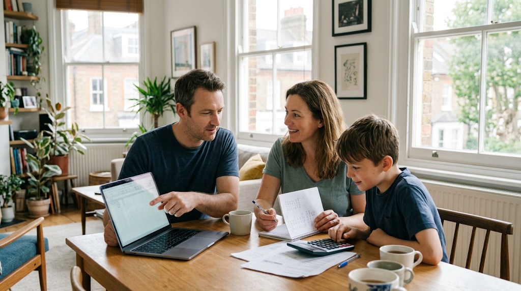 Two parents and their 12-year-old son at a dining table in a London flat, working through a family budget with a laptop, a calculator and a notebook