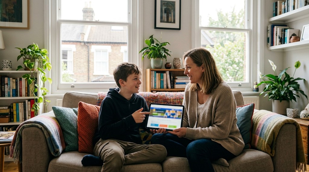 A mother and her 13-year-old son on a sofa in a bright London living room, looking at a tablet together and talking about school options
