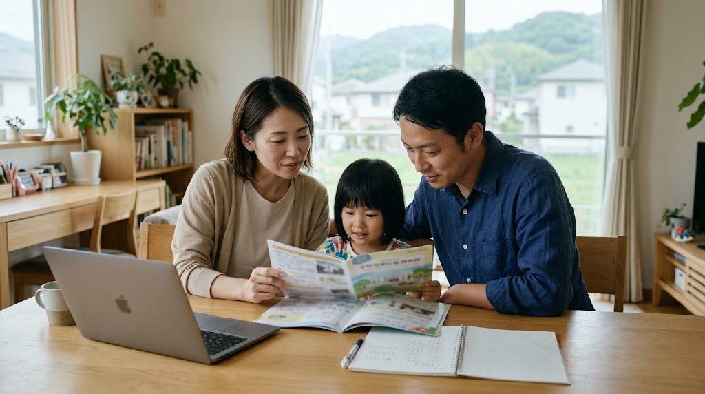 明るいダイニングで、両親と小学校入学前の娘が学校の案内資料とノートパソコンを見ながら、インターナショナルスクールの学費について話し合っている様子