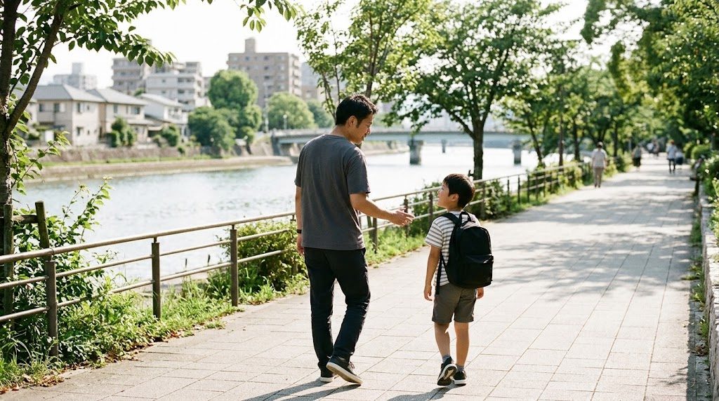 広島の川沿いの明るい遊歩道を、父親と小学生の息子が並んで話しながら歩いている様子