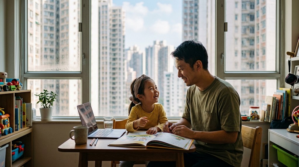 香港のマンションのリビングで、窓の外に高層ビル群が見える中、親子がノートパソコンと日本語の本を囲んで話している様子