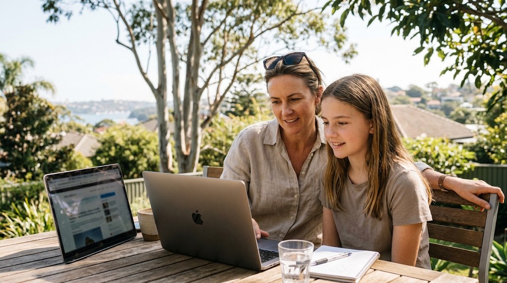 An Australian mother and her teenage daughter looking at school options on a laptop at an outdoor table on a Sydney terrace