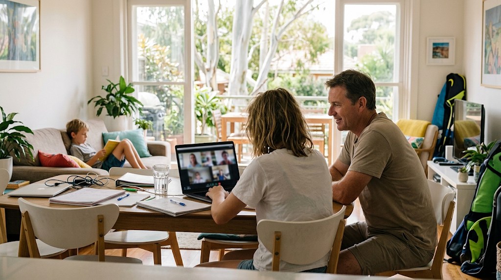 A teenage girl in a live online class on a laptop beside her father while her younger brother reads on the sofa in a Sydney home