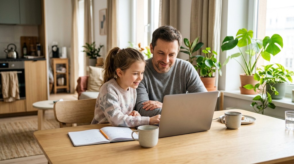 A father and his daughter reading school information on a laptop together at a bright kitchen table while planning a family move to Manila