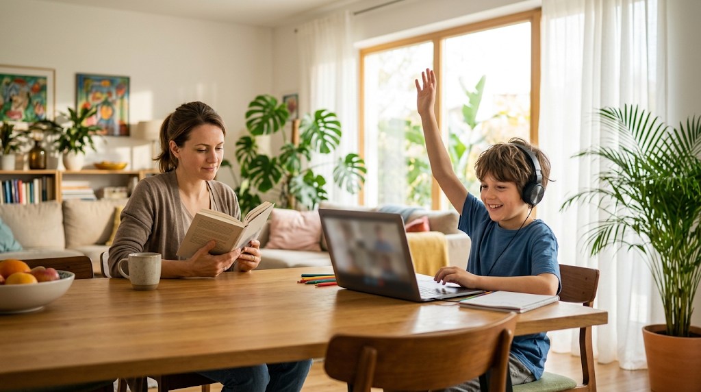 A child taking part in a live online class on a laptop at home in a bright living room while a parent sits nearby