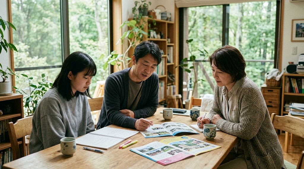 木々の緑が見えるリビングのテーブルで、全寮制高校の資料とノートを広げて話し合う両親と中学生の娘