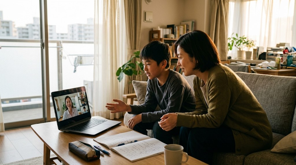 明るいリビングのソファで、母親と中学生の息子が並んでノートパソコンのオンライン英語授業を見ている様子