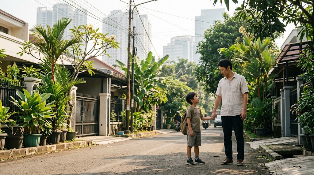 南国の木々と高層ビルが見えるジャカルタの朝の住宅街で、親子が手をつないでスクールバスを待つ様子