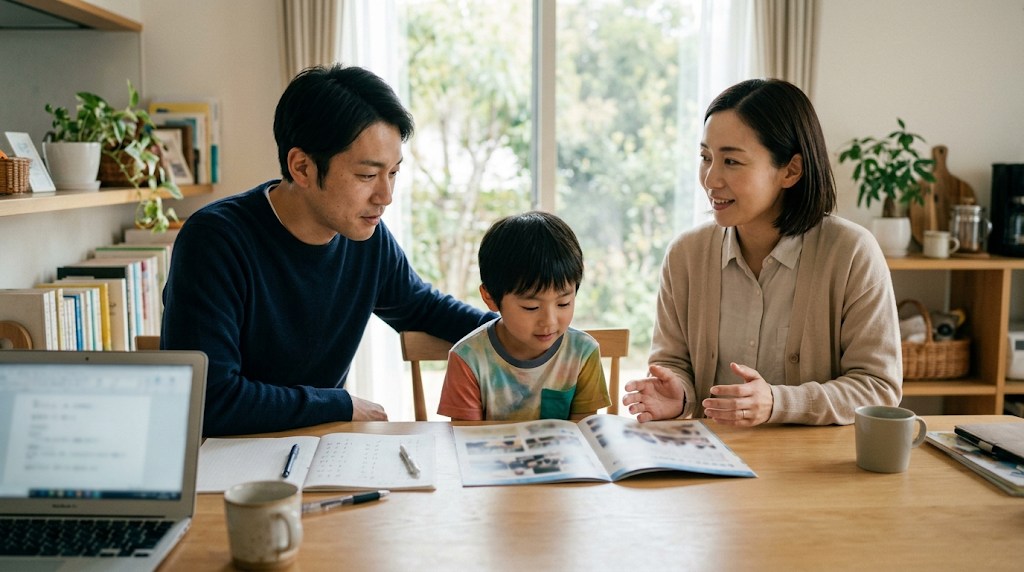 明るいダイニングで、両親と小学校低学年の息子が学校のパンフレットとノートパソコンを見ながら、寮のある学校の費用について話し合っている様子