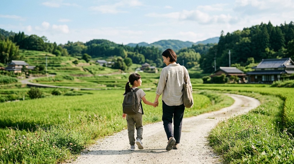 緑の多い高原の明るい小道を、母親と小学生の娘が手をつないで話しながら歩いている様子