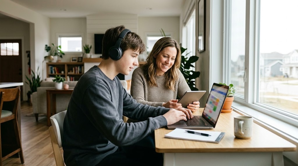 A teenage boy in headphones taking an online lesson on a laptop by a bright window while his mother smiles and checks his course schedule on a tablet