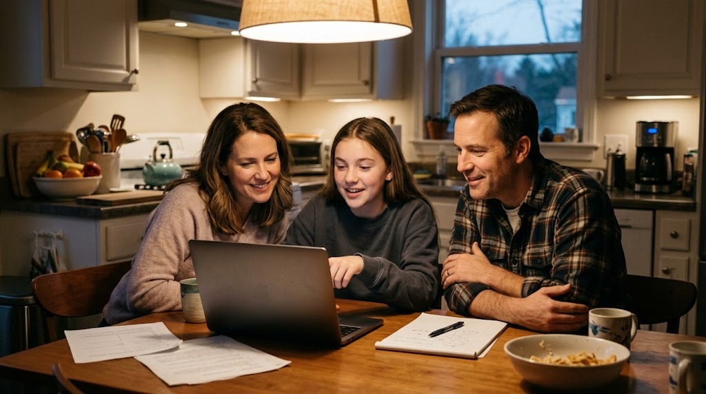 Parents and their teenage daughter around a kitchen table in the evening, looking at an online course catalog on a laptop together