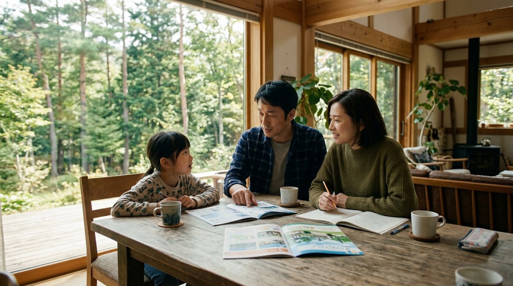 森の木々が見える窓辺のダイニングテーブルで、学校の資料とノートを広げて話し合う両親と小学生の娘
