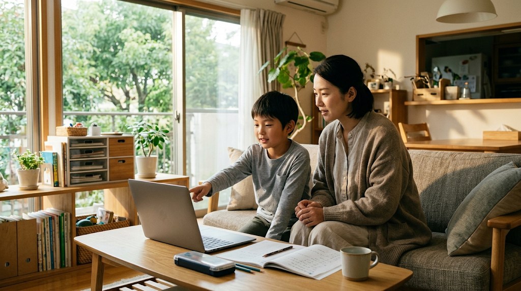 窓の外に木々が見えるリビングのソファで、ノートPCのオンライン英語授業を一緒に見ながら話す母親と小学生の息子