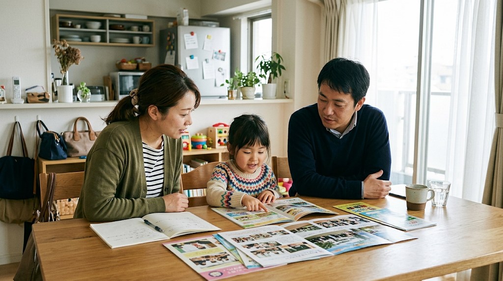 明るいダイニングテーブルで学校案内のパンフレットを広げ、年長の娘と一緒に話し合う両親