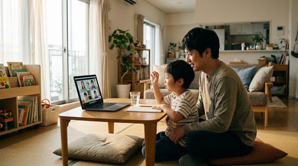 夕方のリビングで父親と小学1年生くらいの息子が並んでノートパソコンのオンライン英語授業を見て、息子が手を挙げている様子