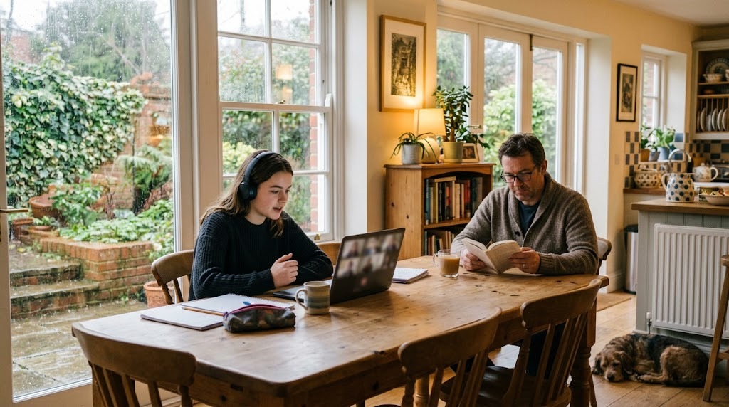 A teenage girl in headphones attending a live online class on a laptop at a wooden table in an English home while her father reads beside her