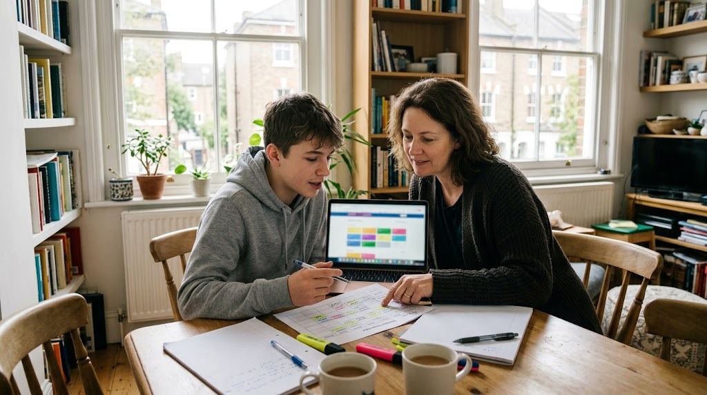 A mother and her teenage son planning GCSE subjects with a printed timetable and a laptop at a table in a bright UK flat