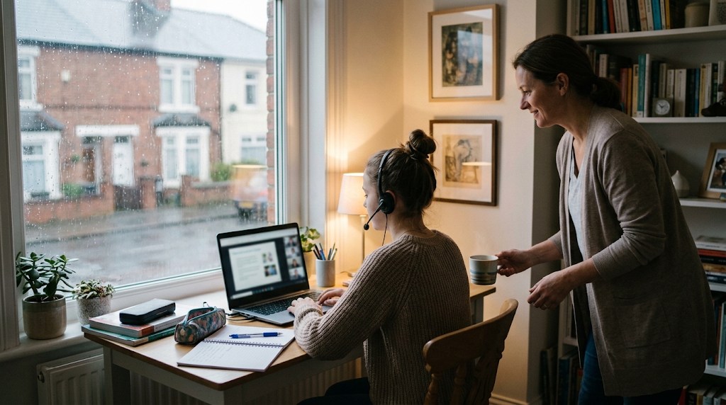 A British teenage girl in a headset taking a live online lesson by a rainy window while her mother brings her a cup of tea