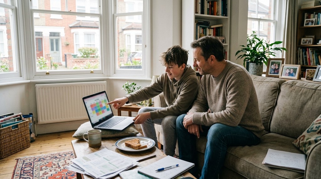 A British father and his teenage son on a living-room sofa looking at a colourful online school timetable on a laptop