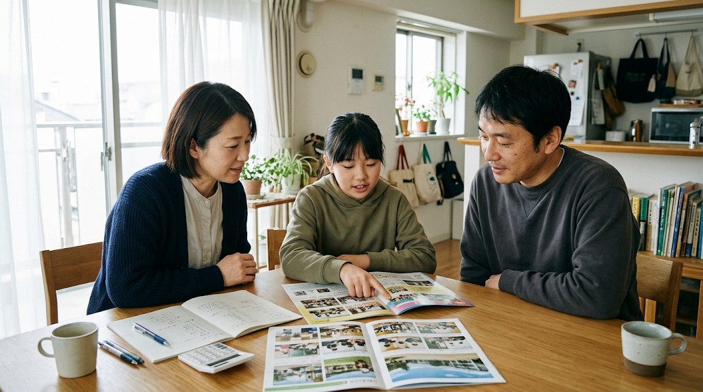 明るいダイニングテーブルで、2つの学校の資料と学費のメモを広げて話し合う両親と小学校高学年の娘