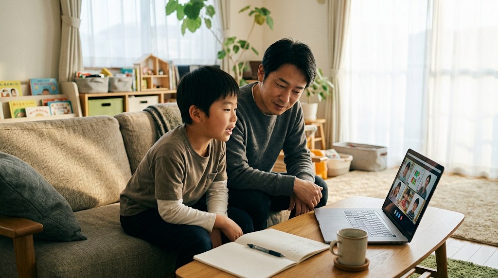 夕方のリビングで、父親と小学生の息子が並んでノートパソコンのオンライン英語授業を見て、息子が画面に向かって話している様子