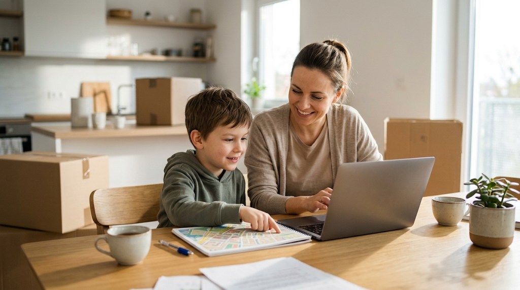 A mother and her son looking at a laptop together at a bright kitchen table while comparing international school options before a move to Kyoto