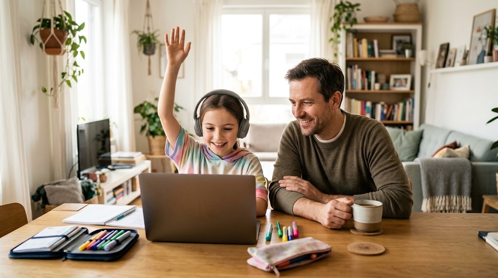 A girl taking part in a live online class on a laptop at home while her father sits nearby at the dining table