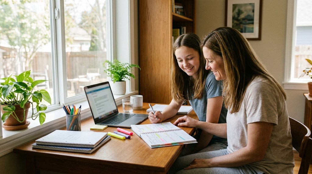 A teenage girl and her mother at a desk by a sunny window, planning the week in a study planner next to an open laptop