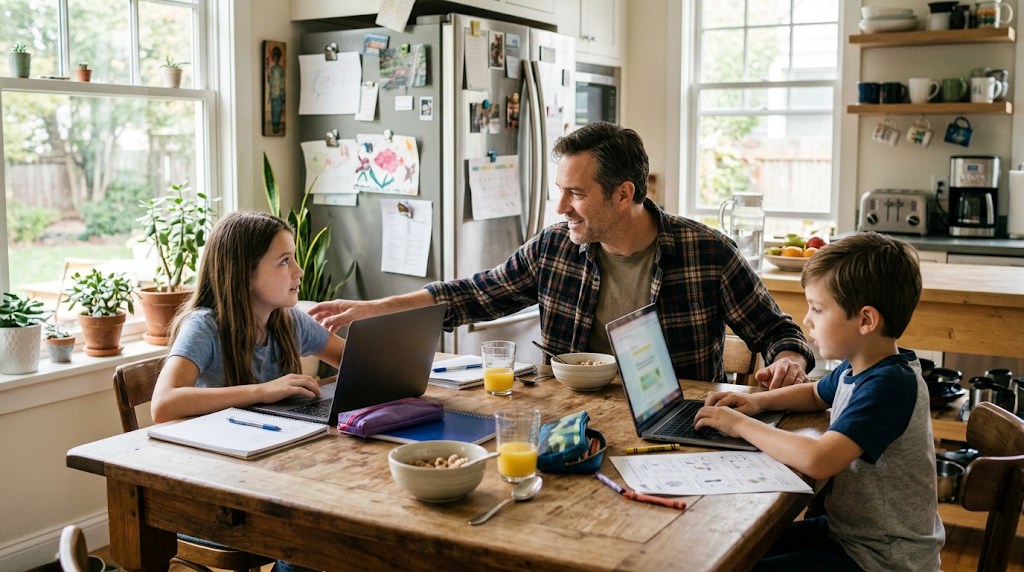 A father at a kitchen table helping his two children, a boy and a girl, who are each working on their own laptop