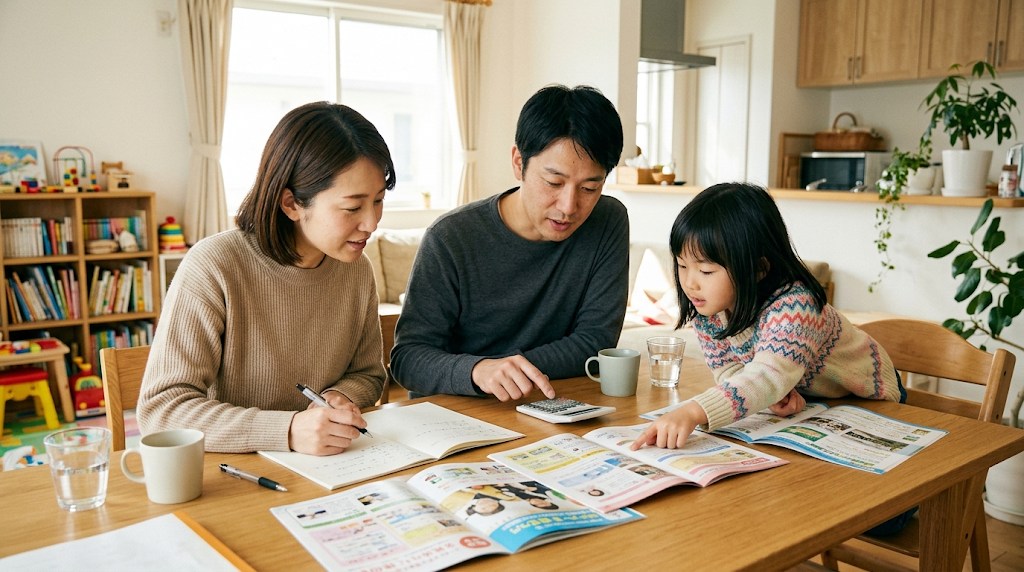 明るいダイニングテーブルで学校案内と電卓、ノートを広げ、毎月の学費を書き出しながら話し合う両親と小学校低学年の娘