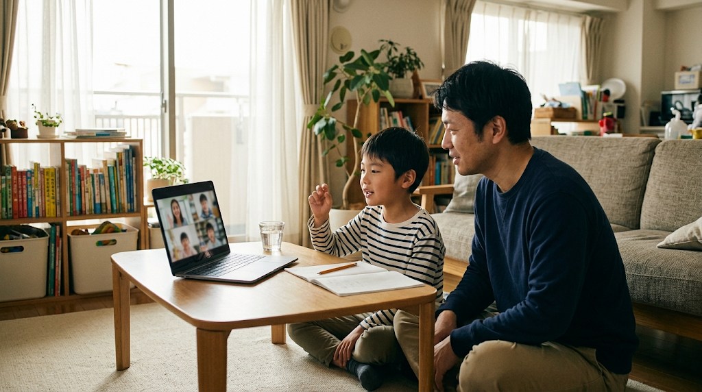 夕方のリビングの低いテーブルで、父親と小学生の息子が並んでノートパソコンのオンライン英語授業を見て、息子が画面の先生に答えている様子