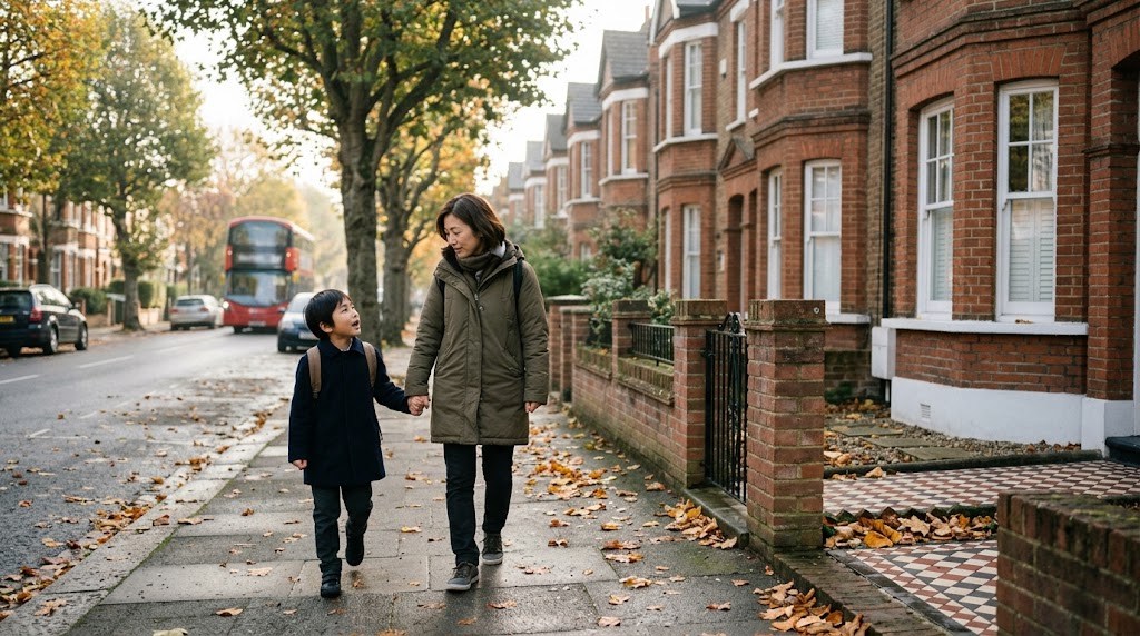 レンガ造りのテラスハウスが並ぶロンドンの朝の住宅街で、親子が手をつないで歩いて登校する様子