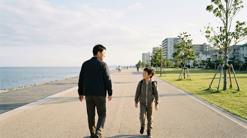 海沿いの明るい遊歩道を、父親と小学生の息子が並んで話しながら歩いている様子