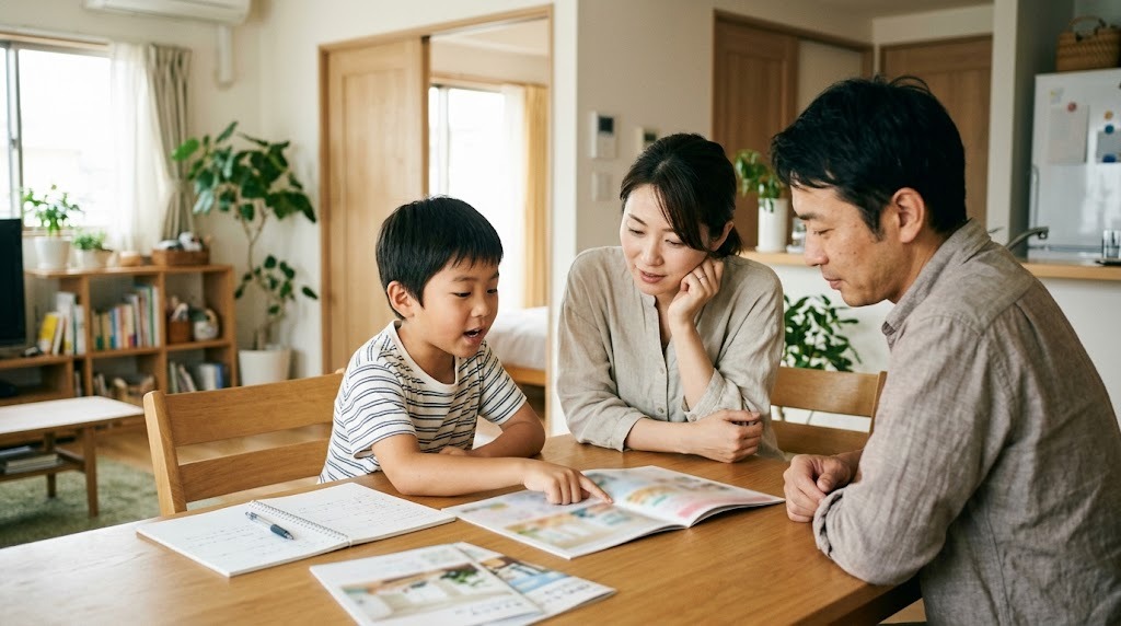 明るいダイニングテーブルで、インターナショナルスクールの資料とノートを広げて話し合う両親と小学生の息子