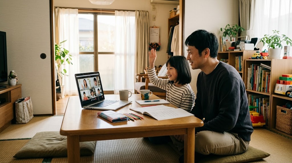 夕方のリビングで、父親と小学生の娘が並んでノートパソコンのオンライン英語授業を見ている様子