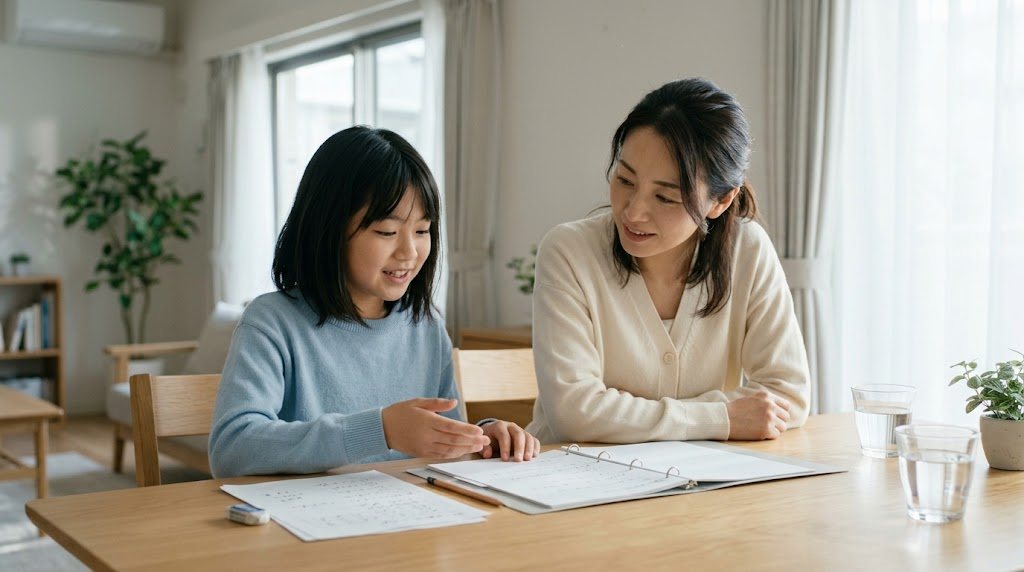 明るいリビングで、母親と小学校高学年の娘がテーブルに並んで座り、学校の成績レポートを一緒に見ながら話している様子