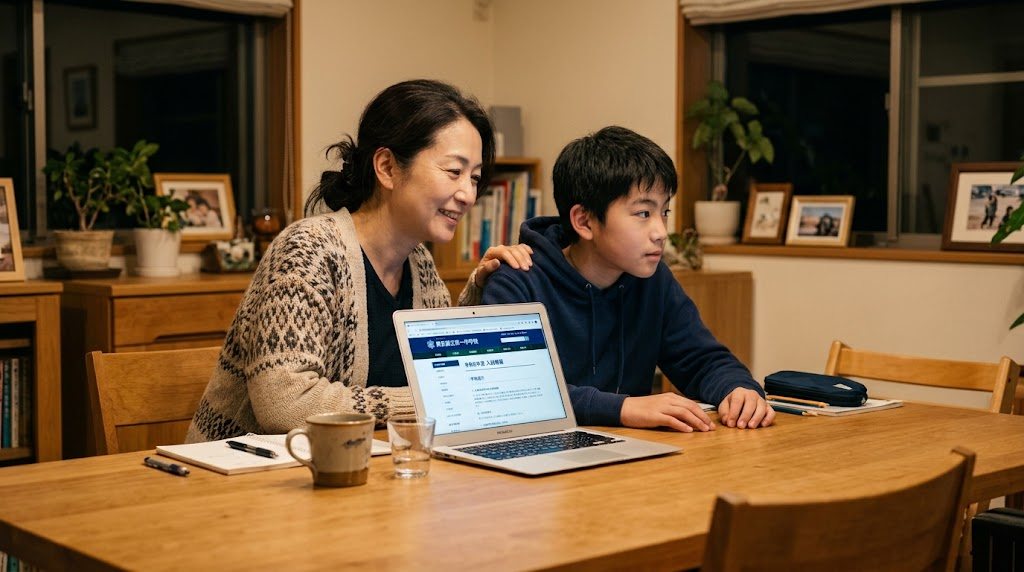 夕方の自宅ダイニングで、母親と中学生くらいの息子がノートパソコンで学校のウェブサイトを一緒に見ている様子