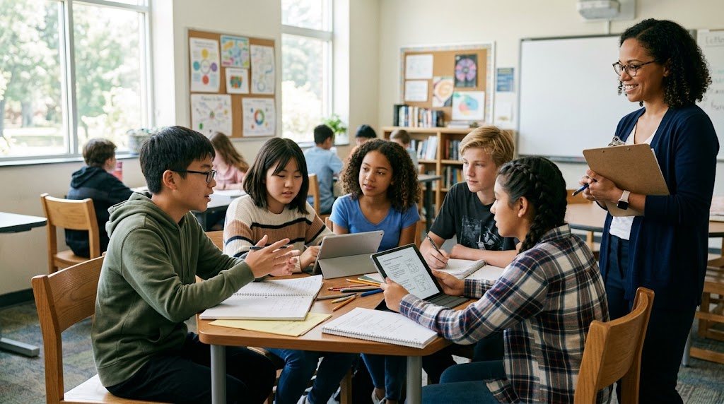 明るい教室で、国籍の異なる中学生数人がテーブルを囲んでプロジェクトについて話し合い、そばで先生が見守っている様子