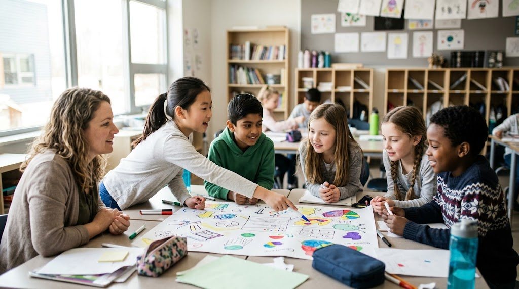 Children from different backgrounds and their teacher working together on a large poster at a classroom table in an international school