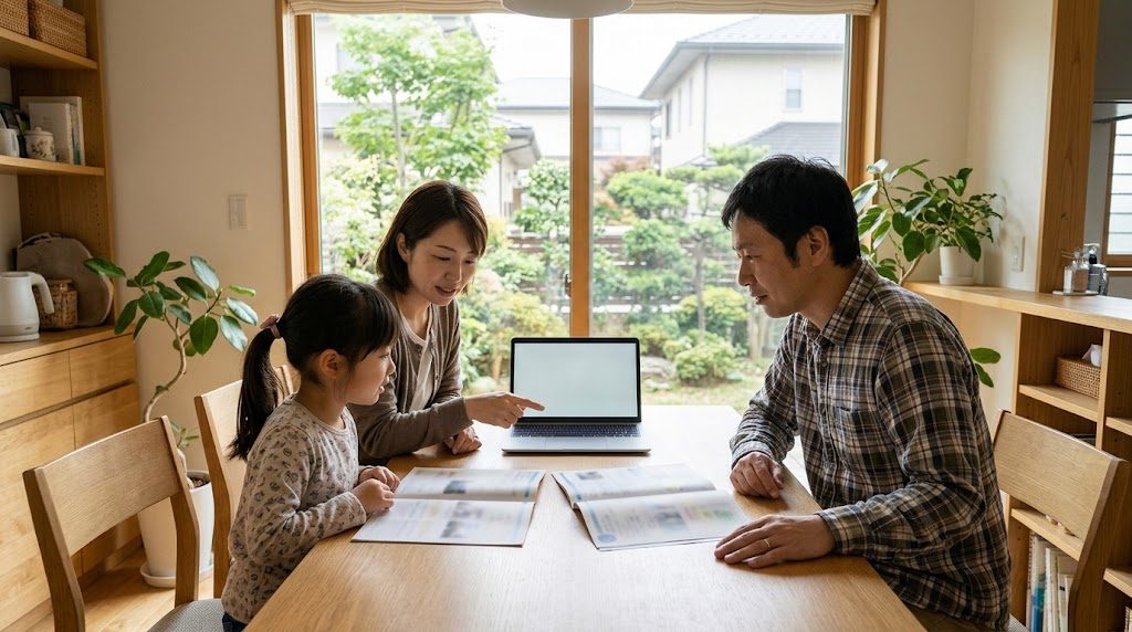 名古屋の住宅街にある家の明るい食卓で、両親と小学生の娘が学校の資料とノートパソコンを見ながら学費の予定を話し合っている様子