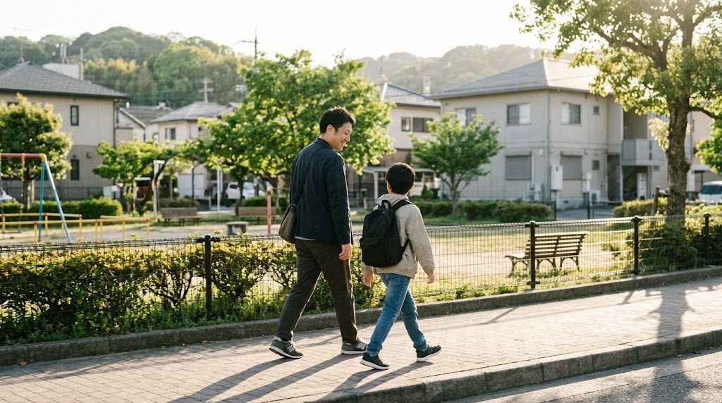 名古屋の住宅街の明るい公園沿いの道を、父親と小学生の息子が並んで話しながら歩いている様子